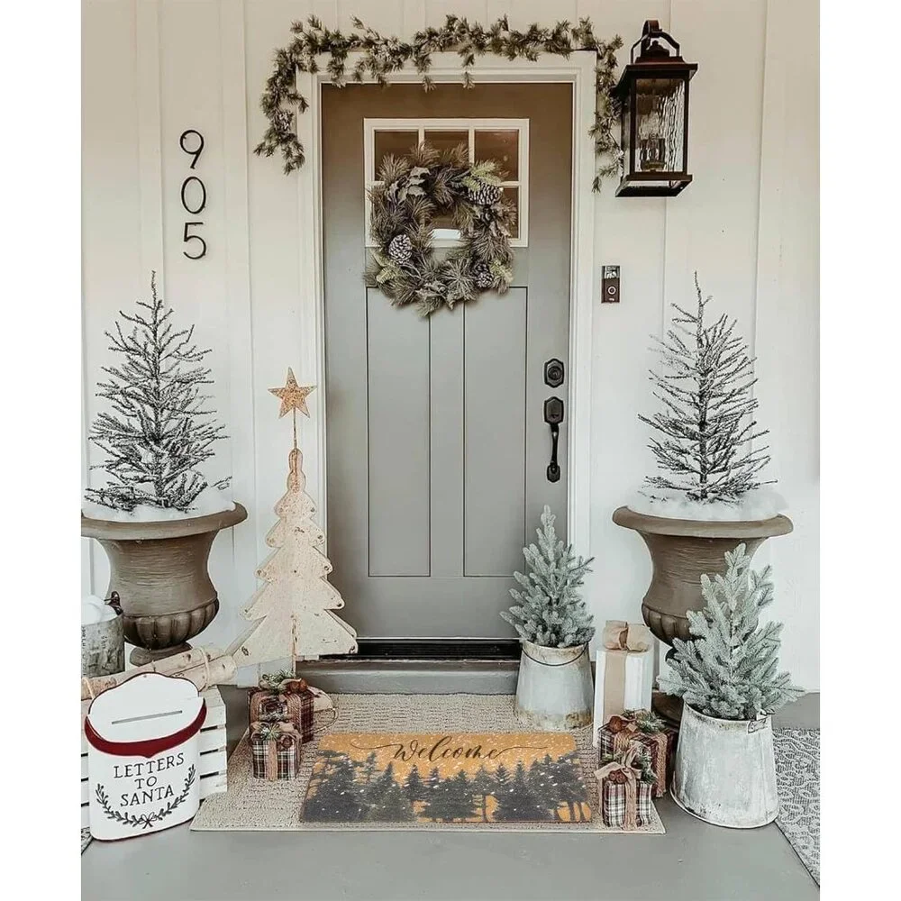 Festive 17x30” Outdoor Doormat, Faux Coir with Non-Slip Backing & Pine Trees